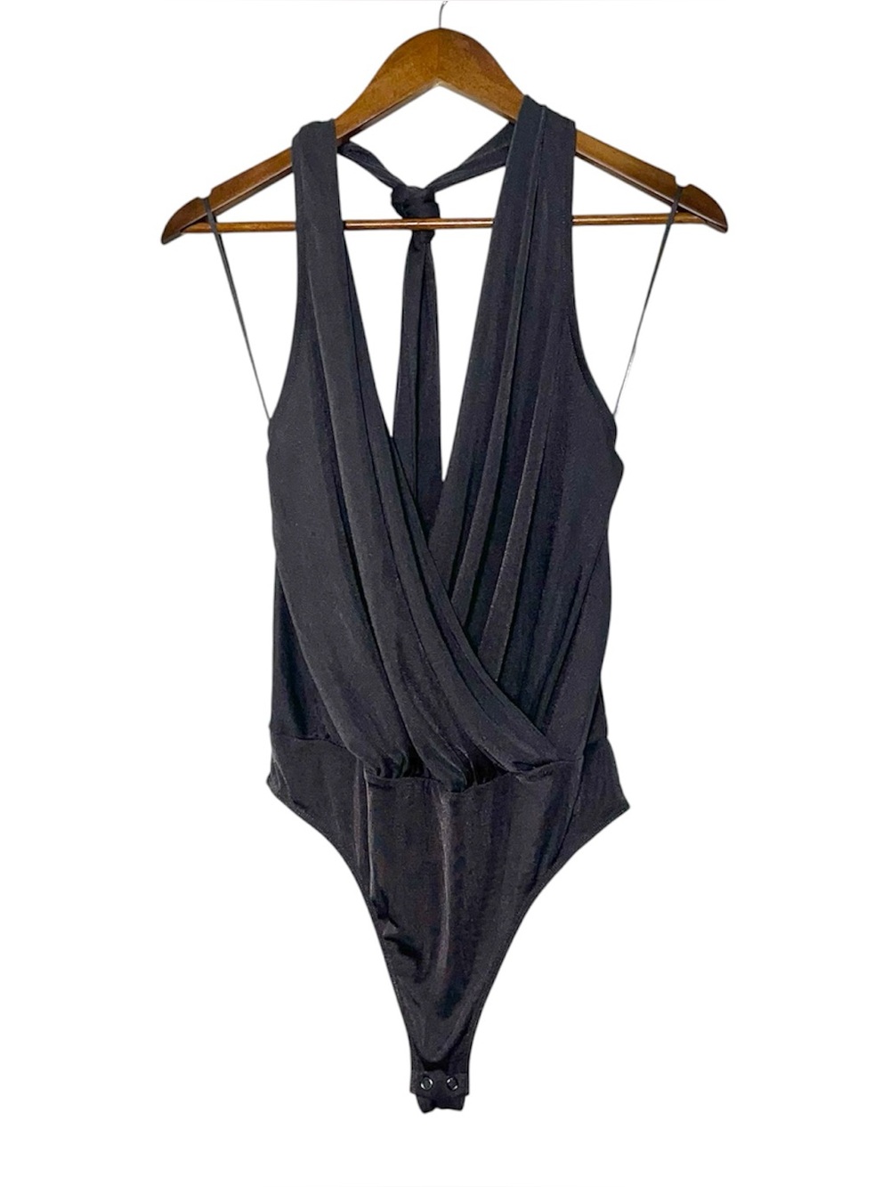 Express Bodysuit Dark Metallic Gray Deep V-Neck Surplice Drape Halter Size L
